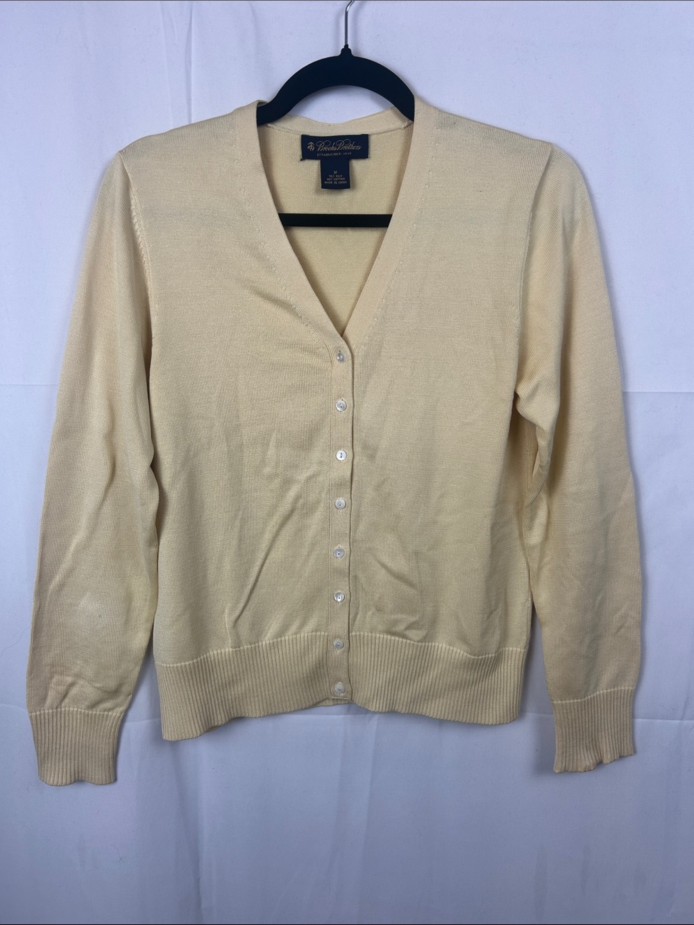 Brooks Brothers Pale Dijon Mustard Yellow V-Neck Button Cardigan